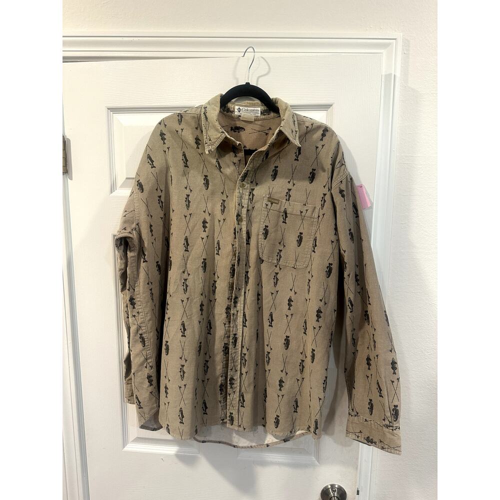 Columbia Corduroy Shirt Fishing Print 90s USA Made Full Print Large Vintage